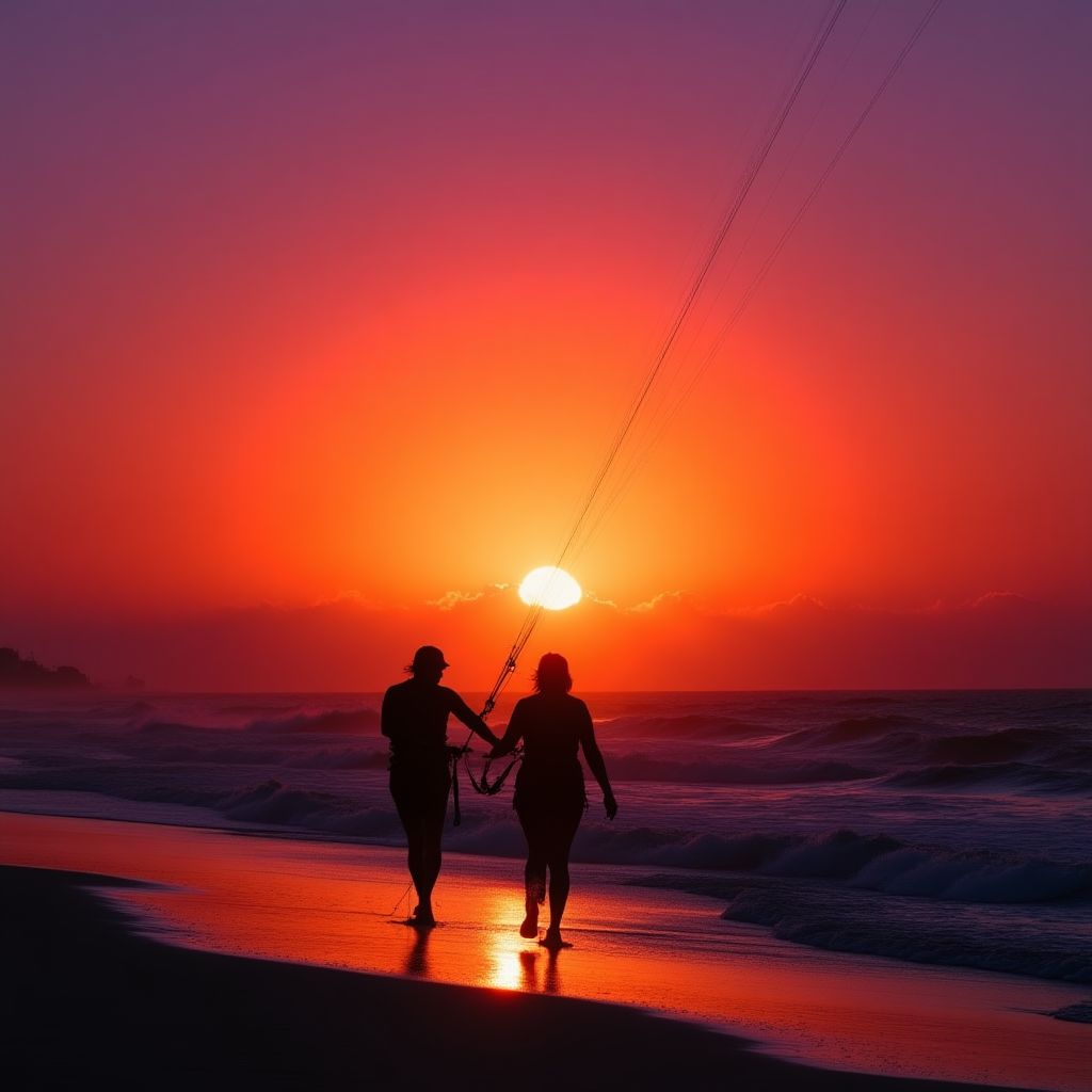 Atardecer en Tarifa con siluetas de kitesurf