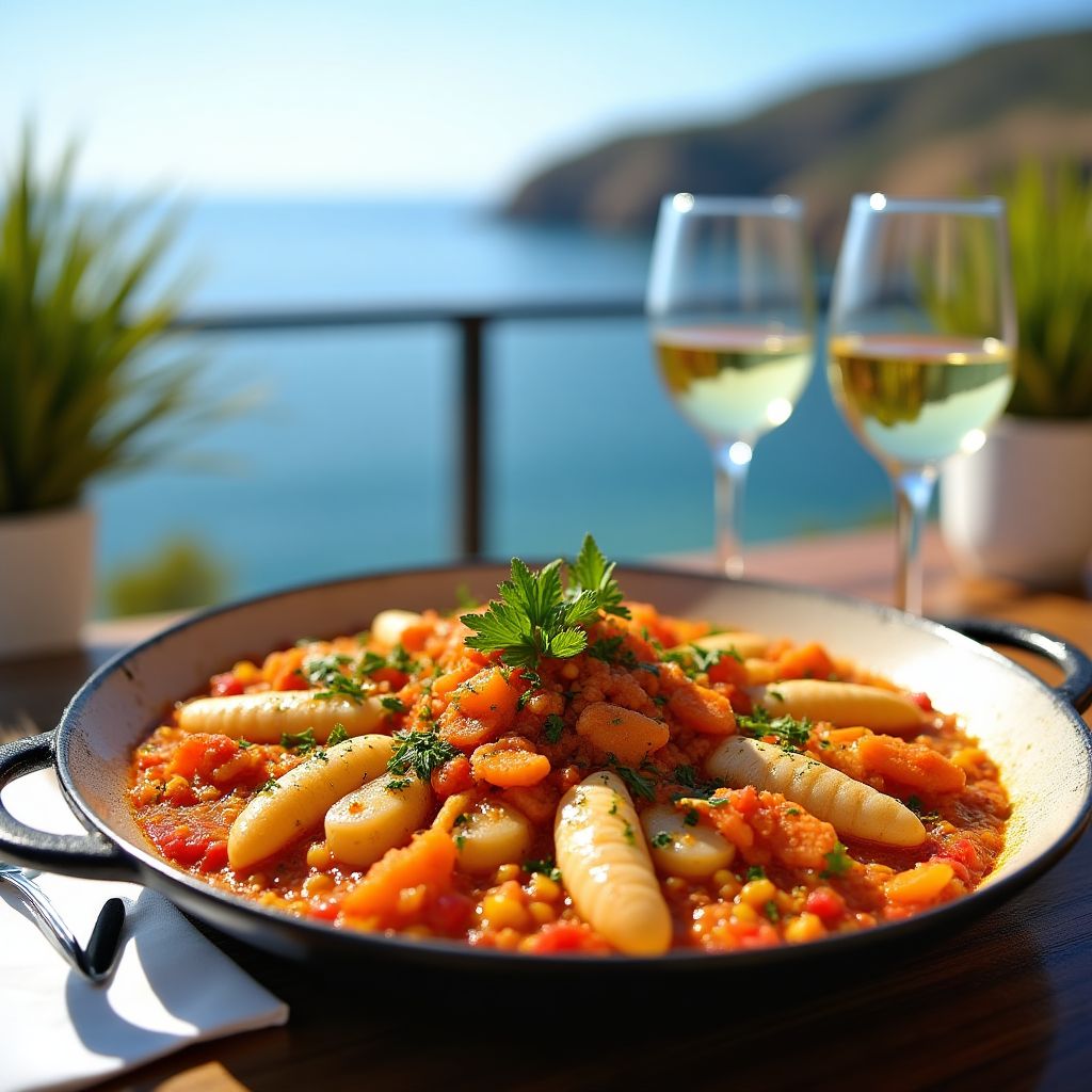 Paella de marisco servida con vistas al mar